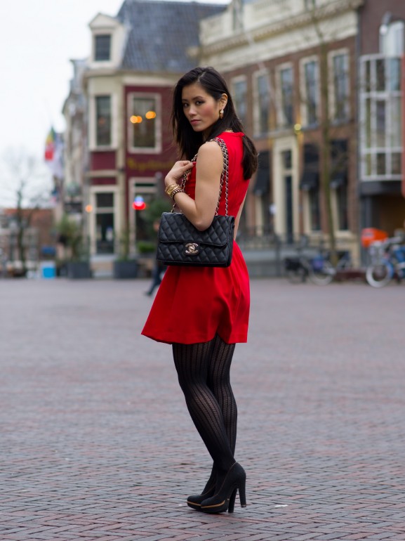 chanel bag red dress