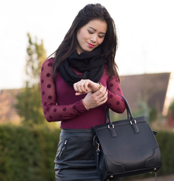 burgundy top leather skirt outfit